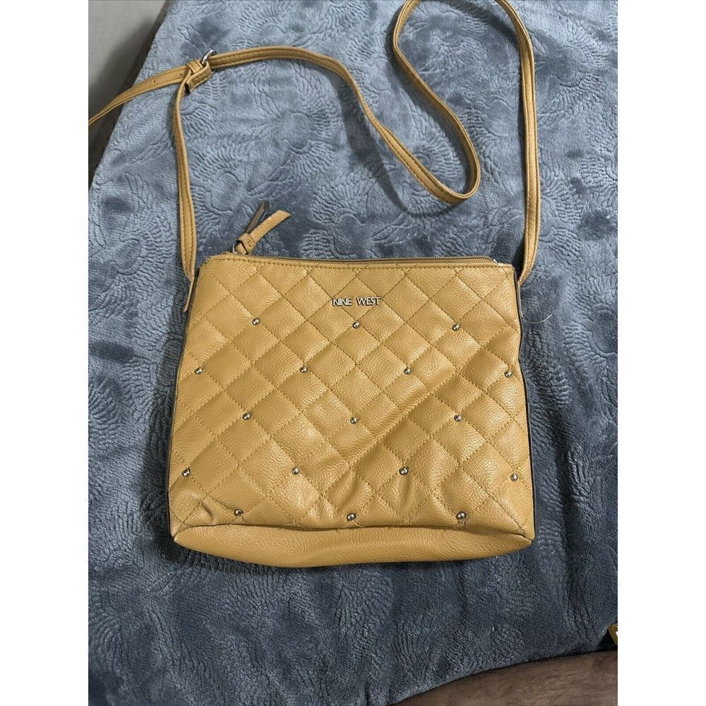 NINE WEST Mustard Brown Faux Leather Quilted Studded 3-Conpartment Crossbody Bag